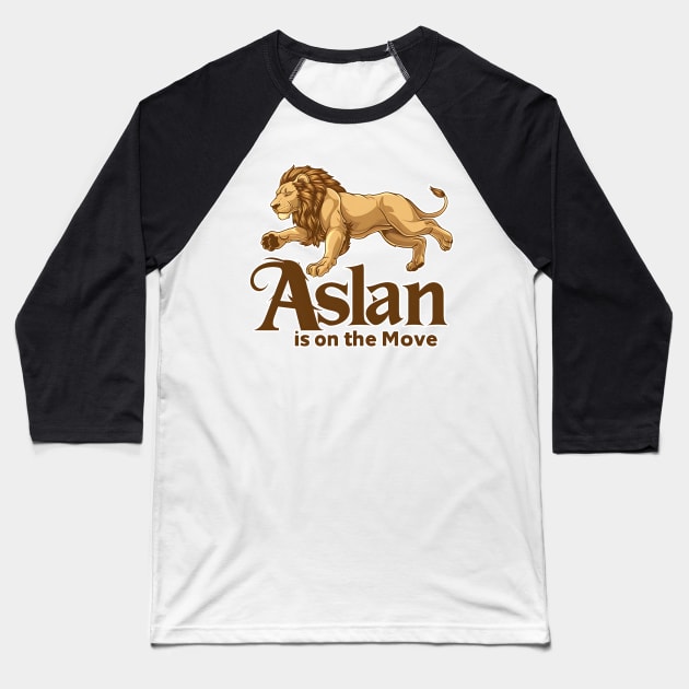 Aslan the Lion is on the Move Baseball T-Shirt by Reformed Fire